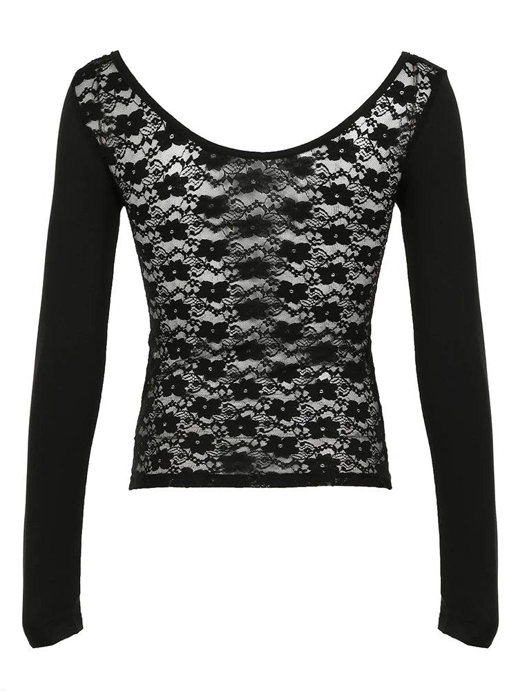 Hnewly rave inspo outfits Back See Through Lace Patchwork Elegant Sexy Black T Shirt Women Button Up O Neck Slim Long Sleeve Solid Basic Tees