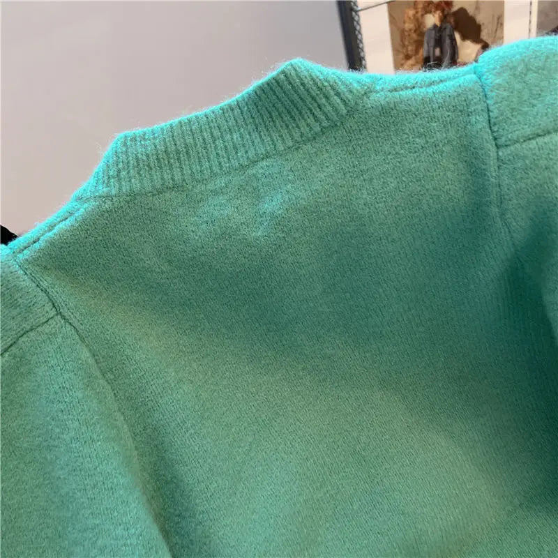 Hnewly  Elegant Metal Button Sweater Solid Long Sleeve Korean  O-Neck Puff Sleeve Knit Cardigan Coat Women Spring  Autumn Loose Top