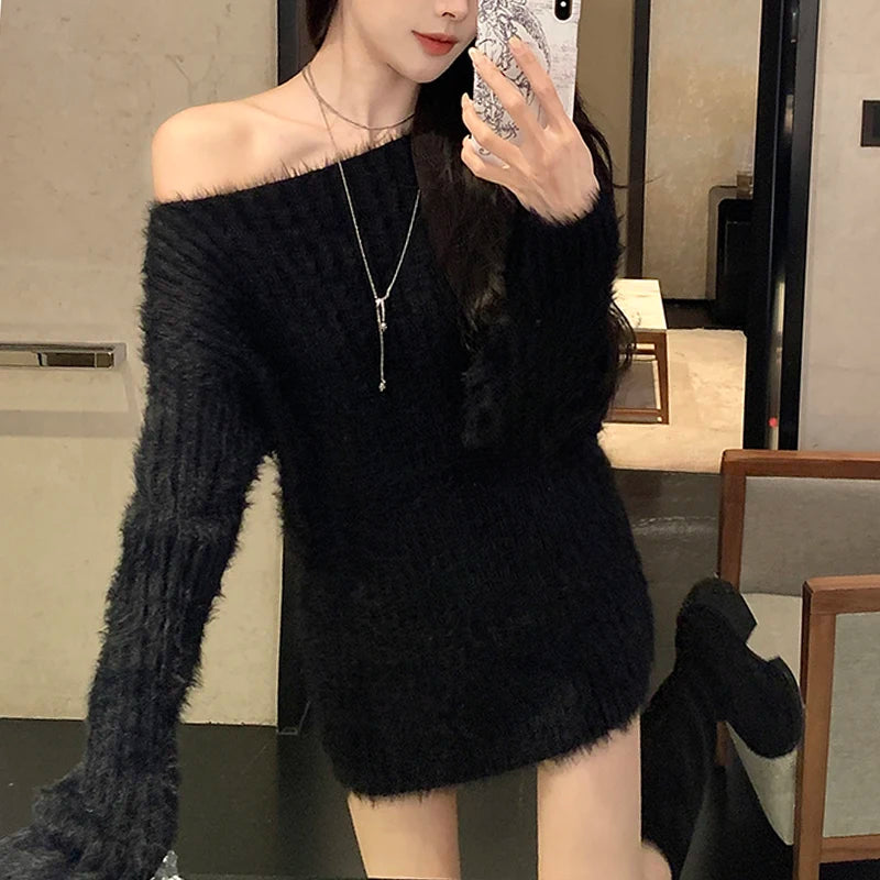 Hnewly  Fuzzy Knit Sweater for Women Soft Fluffy Boat Neck Tunic Tops Fitted Rib-knit Plain Jumper Female Autumn Winter Basic Outfit