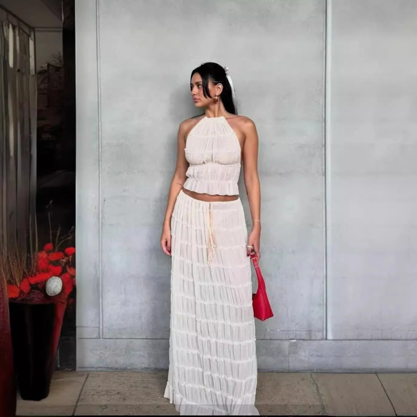 Hnewly Fashion Sexy Halter Neck Strap Vest Women's Aesthetic Lace Pleated Long Skirt Suit Spring Summer