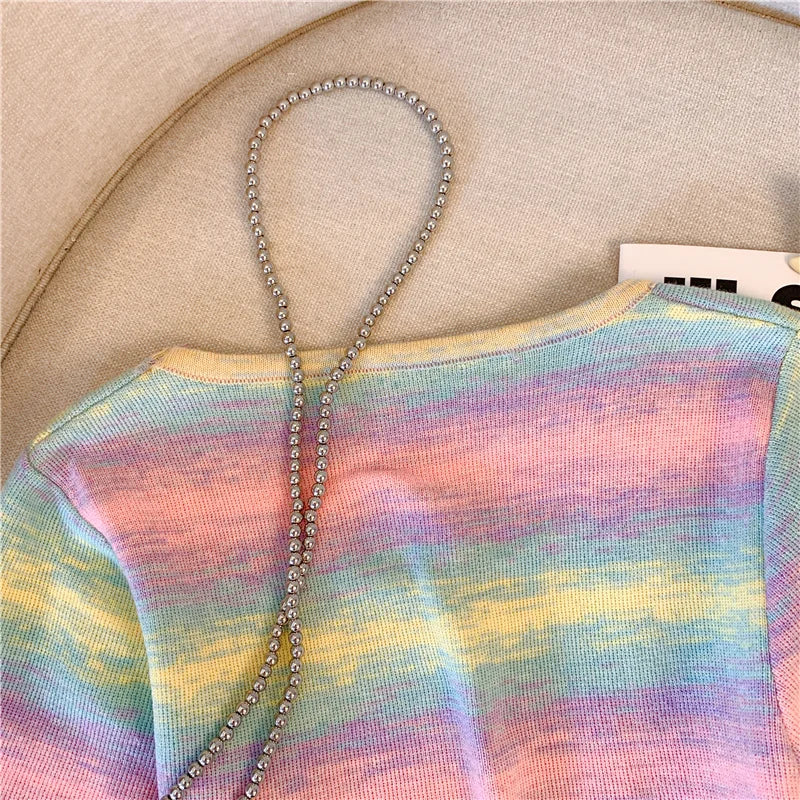 Hnewly  Contrast Striped T-shirt For Women's Summer Knitted Short Sleeved Tee  Cool Girls Fashion High Street Square Collar Short Top