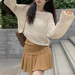 Hnewly  Long Sleeve Pointelle Knit Top Women Sheer Openwork Boxy-fit Crew Neck Pullovers Sweater Female Teen-girl Boho Vacation Outfit