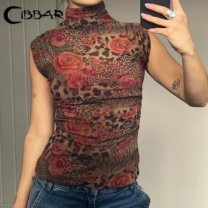 Hnewly Vintage Floral Print Crop Top Women Retro Sleeveless Turtleneck Skinny Tank Tops Harajuku y2k Tee Summer Casual Lady Vest