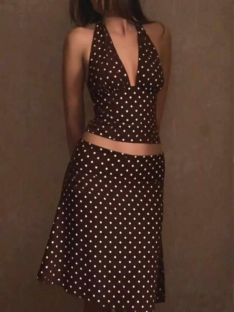 Hnewly  Womens Polka Dot Halter Backless 2 Piece Set Summer Party Vacation Outfit
