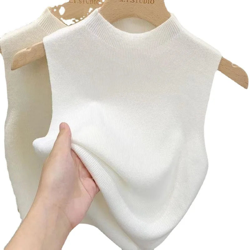 Hnewly White Knitted Camisole Sleeveless Vest For Women Spring Summer Half High Neck Short   Basic Bottom Top Korean Version Trendy Tee