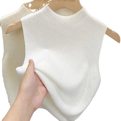 Hnewly White Knitted Camisole Sleeveless Vest For Women Spring Summer Half High Neck Short   Basic Bottom Top Korean Version Trendy Tee