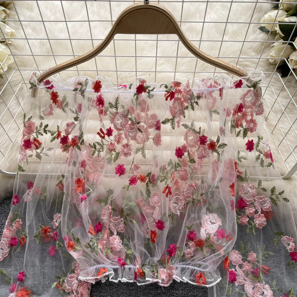 Hnewly  Women Summer Lace Shirt Elegant Off Shoulder Mesh Embroidered Perspective Shirt Loose Puff Long Sleeves Crop All-Matched Top