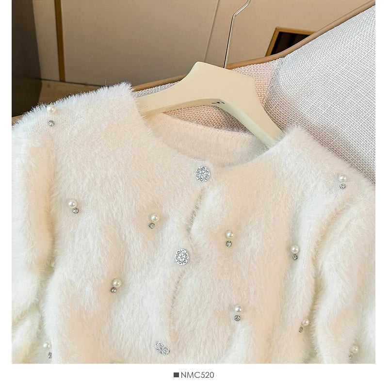 Hnewly  Beading O-Neck Plush Long Sleeved Sweater  Women's Autumn Loose Soft Glutinous Knit Cardigan Elegant Single Breasted Short Top