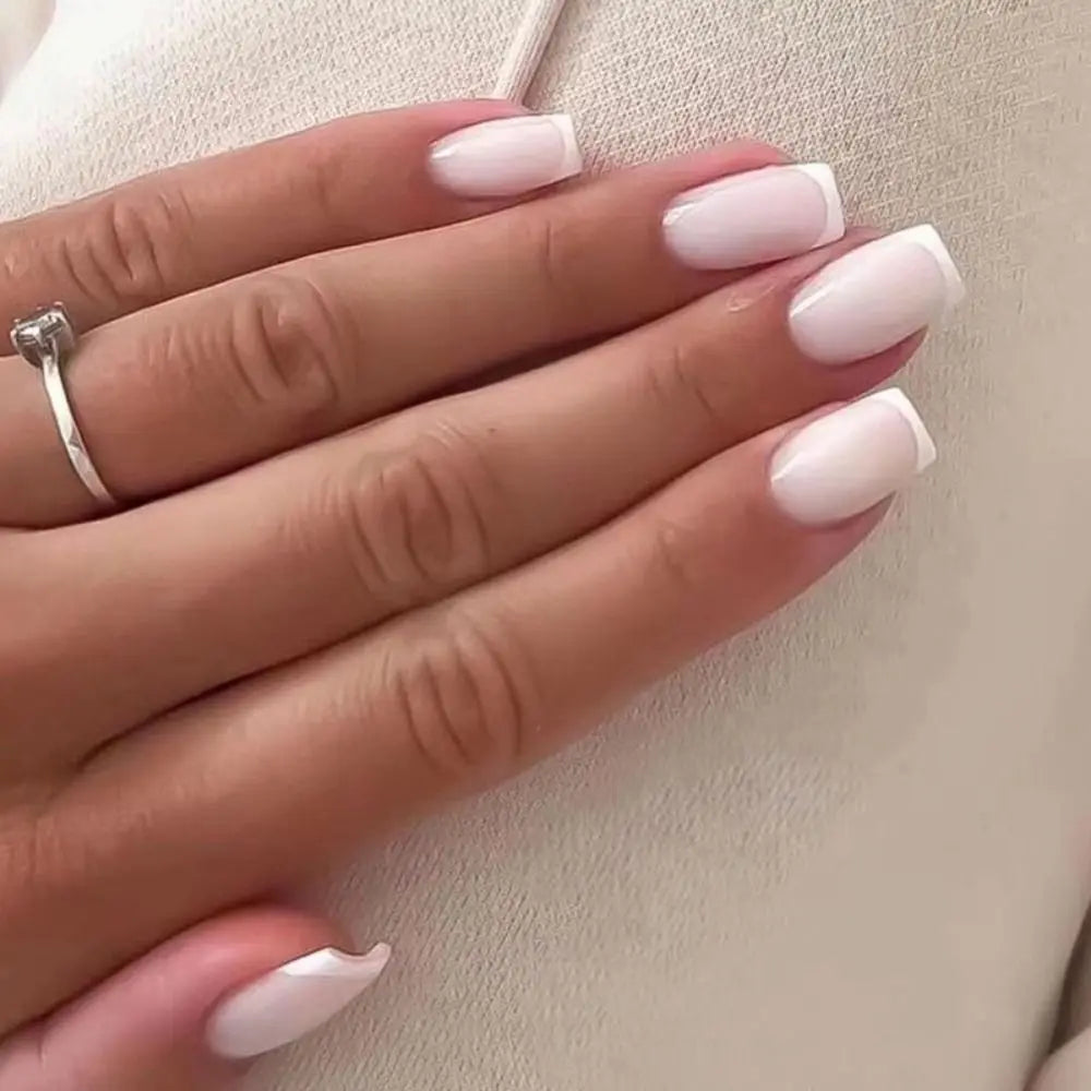 Hnewly 24PCS Short Square False Nails French White Edge Fake Nials Silver Flame Full Cover Press On Nails Detachable Ballerina Nail Tip