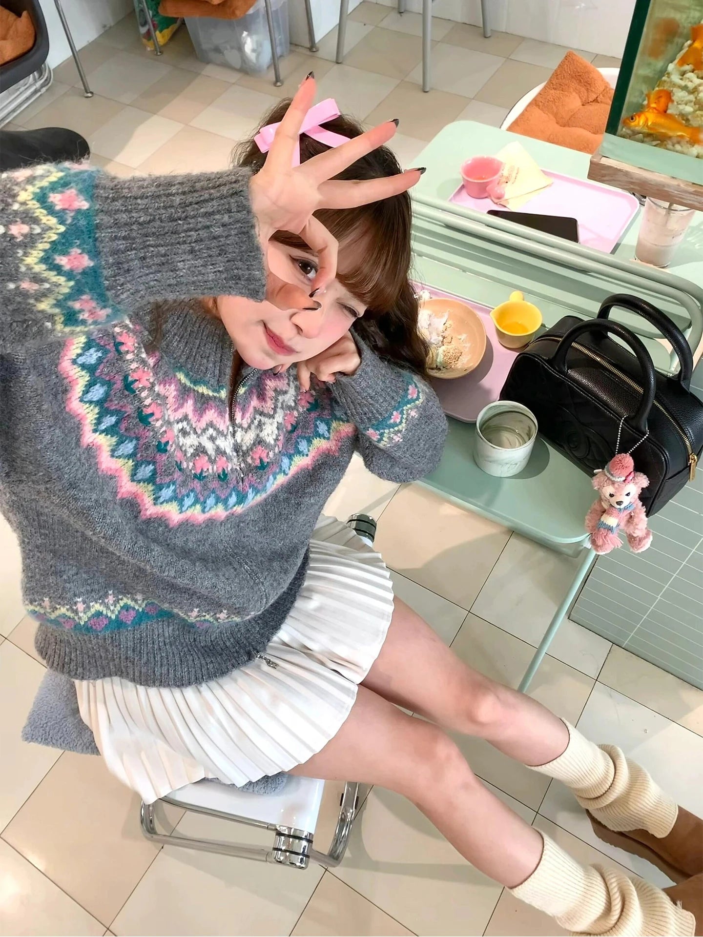 Hnewly  Women Fair Isle Sweater Cardigan Cute Pink Cozy Chunky Knit Collared Zip-up Sweater Jacket Teen-girl Fall Winter 90s Outfit