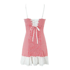 Lunivop  Sexy Sweet Women Patchwork Sling Mini Dress Vintage High Wasit Lace Up Back A-line Summer Dresses Holiday Robe