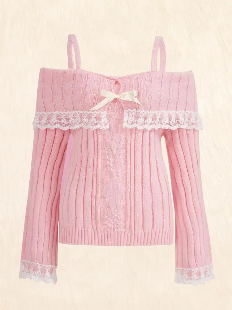 Hnewly WINTER OUTFITS Grunge Women Off Shoulder Knit Sweater Pink Pullover Sweet Pullovers  Long Sleeve Bow Lace Patchwork Jumpers Y2k Streetwear