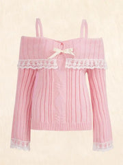 Hnewly WINTER OUTFITS Grunge Women Off Shoulder Knit Sweater Pink Pullover Sweet Pullovers  Long Sleeve Bow Lace Patchwork Jumpers Y2k Streetwear