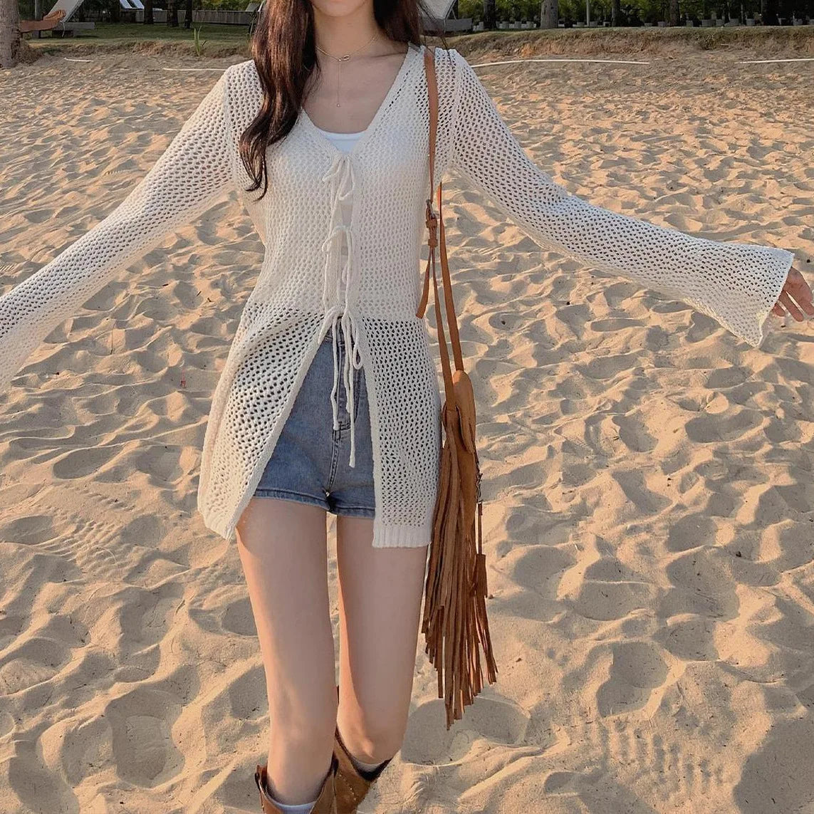 Hnewly  Tie Front Open Knit Cardigan Women Long Sleeve Longline Sweater Jacket Sheer Beach Cover-Up Ladies Boho Vacation Outfit
