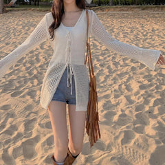 Hnewly  Tie Front Open Knit Cardigan Women Long Sleeve Longline Sweater Jacket Sheer Beach Cover-Up Ladies Boho Vacation Outfit