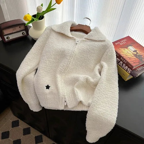 Hnewly  Lamb Wool Cardigan Jacket Women 2025 Autumn Winter New Korean Loose Sweater Coat Fashion Zipper Lapel Knittted Outerwear