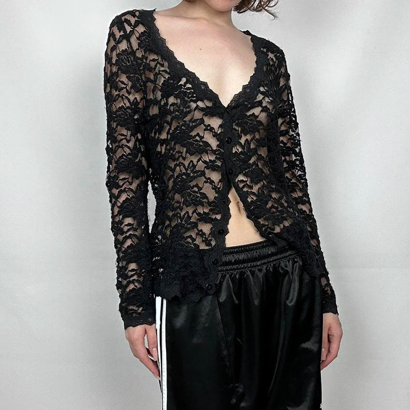 Hnewly Sexy Black Lace Crop Top Solid Transparent Button-up T-shirt Smock Women Full Sleeve V-neck Club Tees Shirts Y2k Vintage