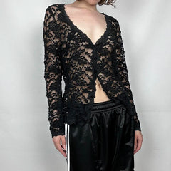 Hnewly Sexy Black Lace Crop Top Solid Transparent Button-up T-shirt Smock Women Full Sleeve V-neck Club Tees Shirts Y2k Vintage