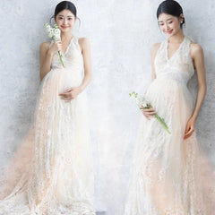 Hnewly  Women Maternity Photoshoot Outfits White Lace Elegant Slim Deep V Dress for Pregnancy Studio Photo Shooting Clothing Fotografia