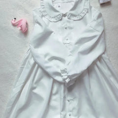 Hnewly  Japanese Lolita White Dress Summer Puff Sleeve Ruffles Dress Preppy Style Kawaii Sweet Fairy Peter Pan Collar Women Midi Dresses