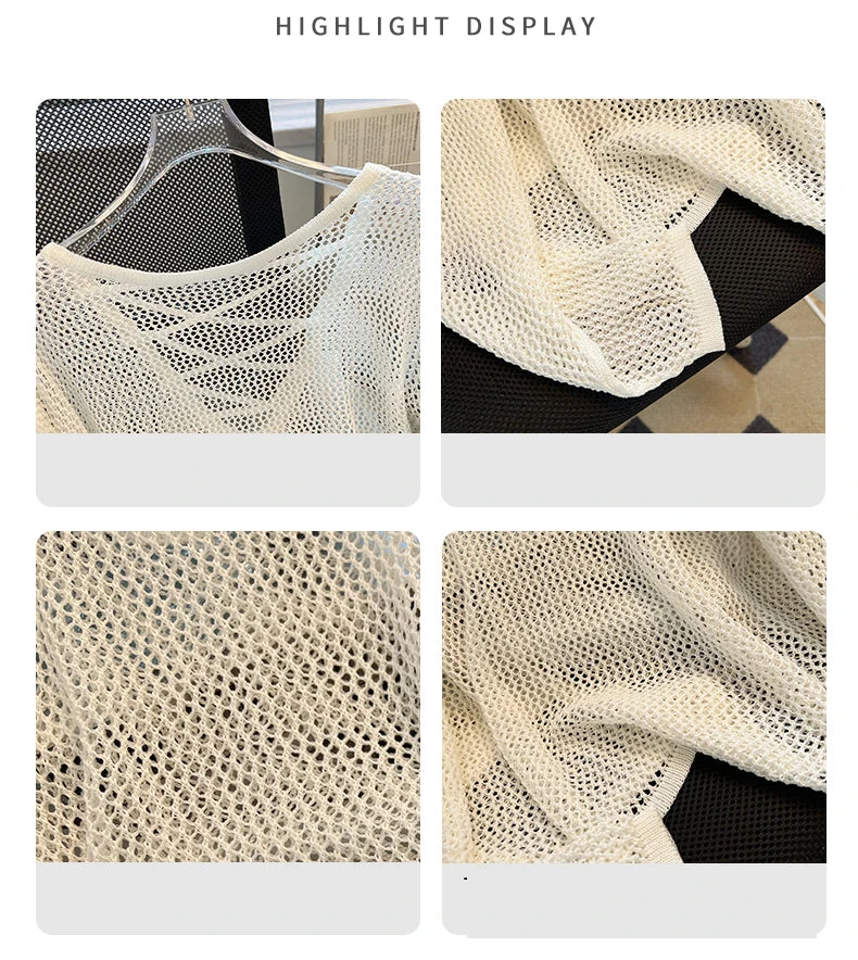 Hnewly Black White Striped Ice Silk Knitted Sweater Women Long Sleeved Loose Lazy Style Mesh Pullover Spicy Girl Hollow Out Top