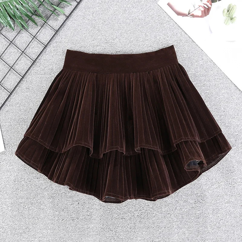 Hnewly Velvet Tiered Mini Skirt for Women Teen-girl Low-Rise Ruffled Pleated Short Skirt in Brown Black Fall Winter Balletcore Outfit