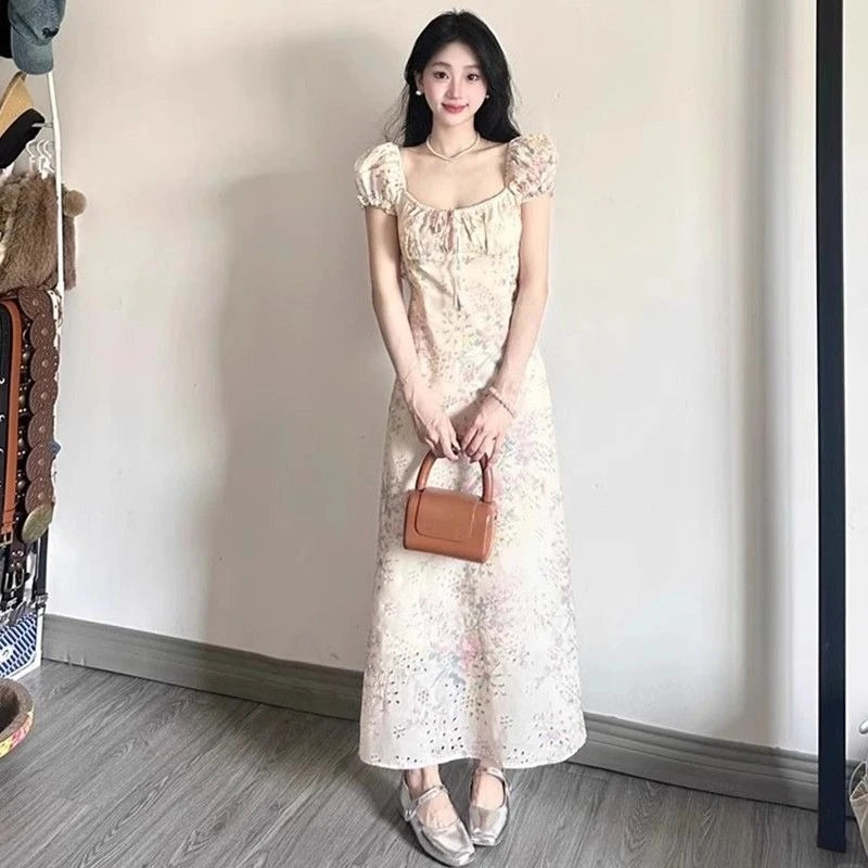 Hnewly  Women Dress Puff Short Sleeve Floral Printed Square Collar Summer Fashion Bandage Sweet Elegant Female Dresses Casual