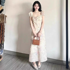 Hnewly  Women Dress Puff Short Sleeve Floral Printed Square Collar Summer Fashion Bandage Sweet Elegant Female Dresses Casual