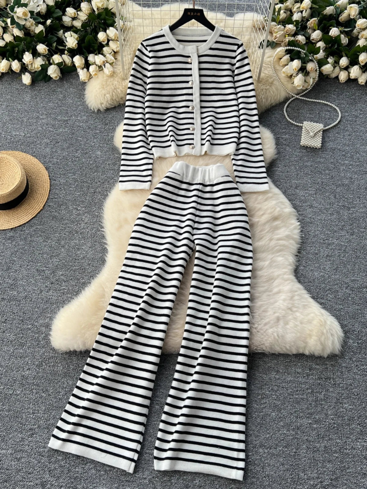 Hnewly  Elegant Knitted Set for Women's High End Versatile Round Neck Striped Knitted Cardigan+High Waist Casual Wide Leg Pants 2PCS