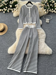 Hnewly  Elegant Knitted Set for Women's High End Versatile Round Neck Striped Knitted Cardigan+High Waist Casual Wide Leg Pants 2PCS