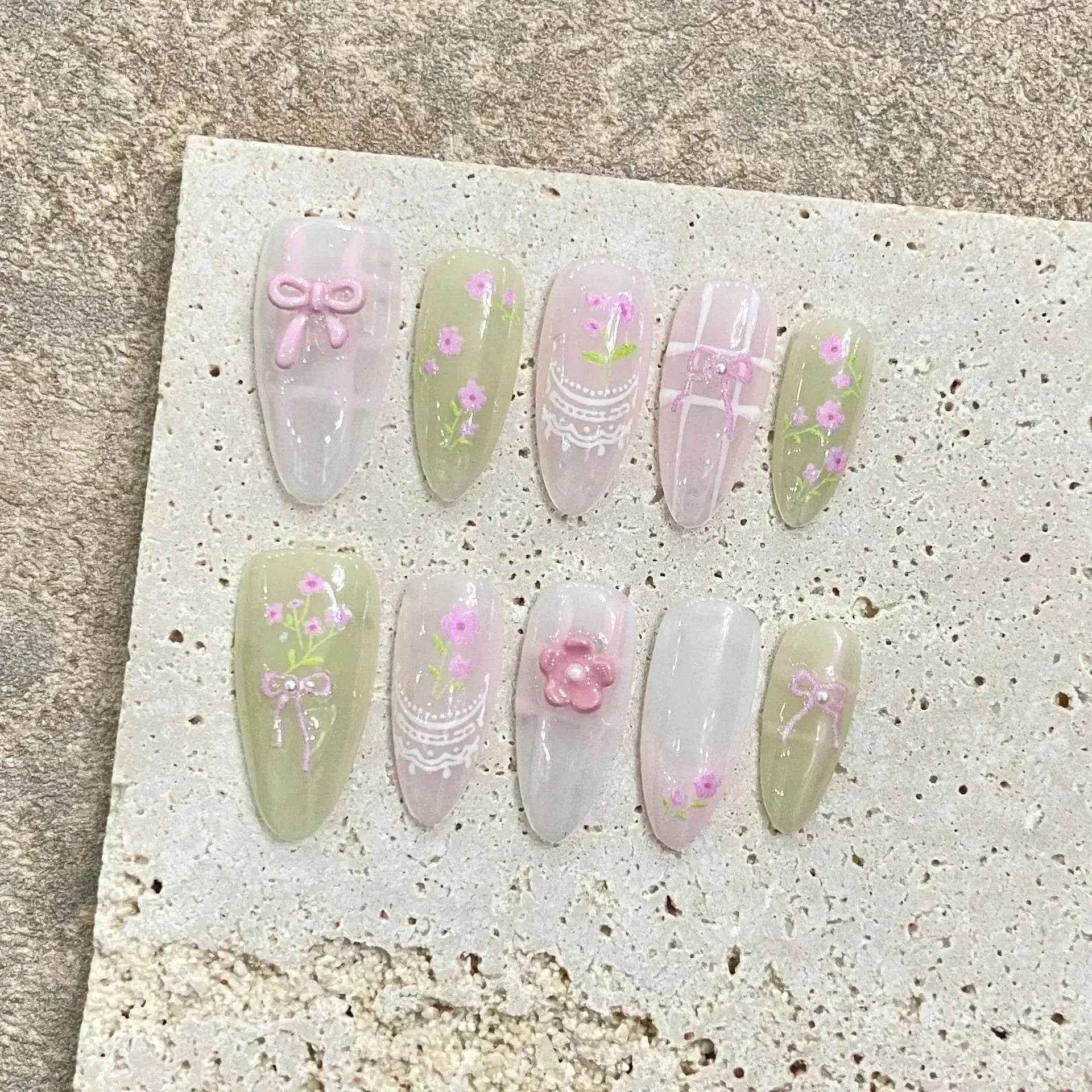Hnewly 10Pcs Pink Handmade Press on Nails Full Cover Bow Tie Rhinestone Design French Almond Fake Nails Wearable Manicure Nail Tips Art