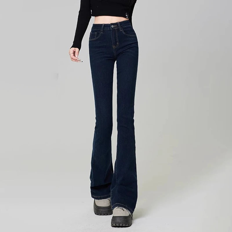 Hnewly Women Vintage High Street Bell Bottom Jeans Lady Sexy Slim Fit Denim Flare Pants Deep Blue Light Blue Black Blue Gray Trousers