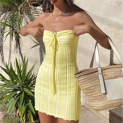 Hnewly   New Wrap Chest Knit Dress Beach Vacation Strapless Necktie Women's Dress mid Waist Short Skirt Pure Color Summer Dress