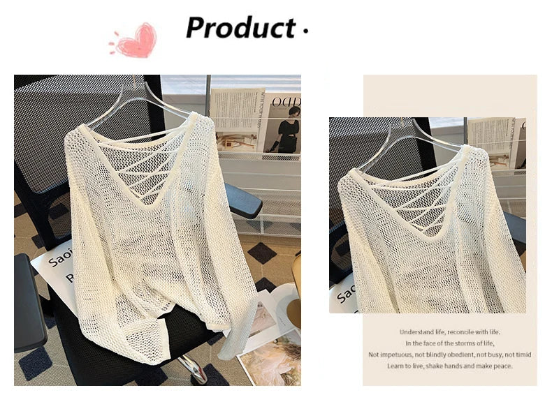 Hnewly Black White Striped Ice Silk Knitted Sweater Women Long Sleeved Loose Lazy Style Mesh Pullover Spicy Girl Hollow Out Top