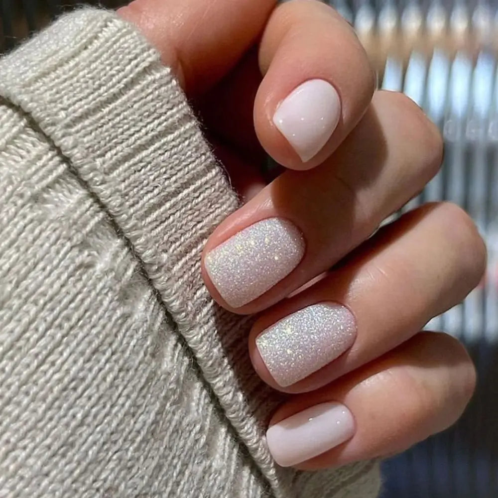 Hnewly 24PCS Short Square False Nails French White Edge Fake Nials Silver Flame Full Cover Press On Nails Detachable Ballerina Nail Tip