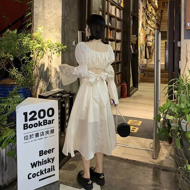 Hnewly  Solid Backless Dresses Women Elegant Sweet Square Collar Puff Sleeve Bow High Defined Waist A-ine Spring Summer Female Chic Lady
