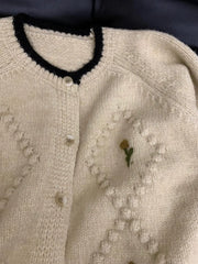 Hnewly  French Flower Embroidery Sweater Sweet Spring Autumn Contrasting Color O-neck Knitted Cardigan Women Long Sleeved Loose Jacket