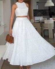 Hnewly  Sleeveless Lace Hollow Out Eyelet Crop Top and High Waist A Line Maxi Skirt Two - Piece Set for Women