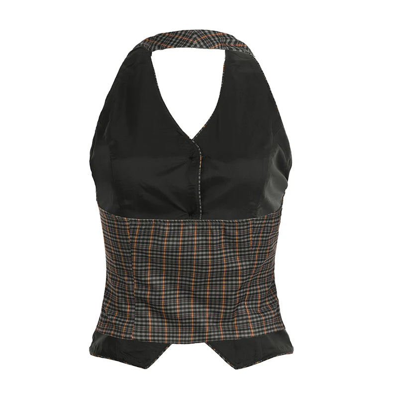 Hnewly Fashion Slim Fit Plaid Prints Women Tank Tops V-Neck Hottie Y2k Halter Backless Sexy Streetwear Style Tanks