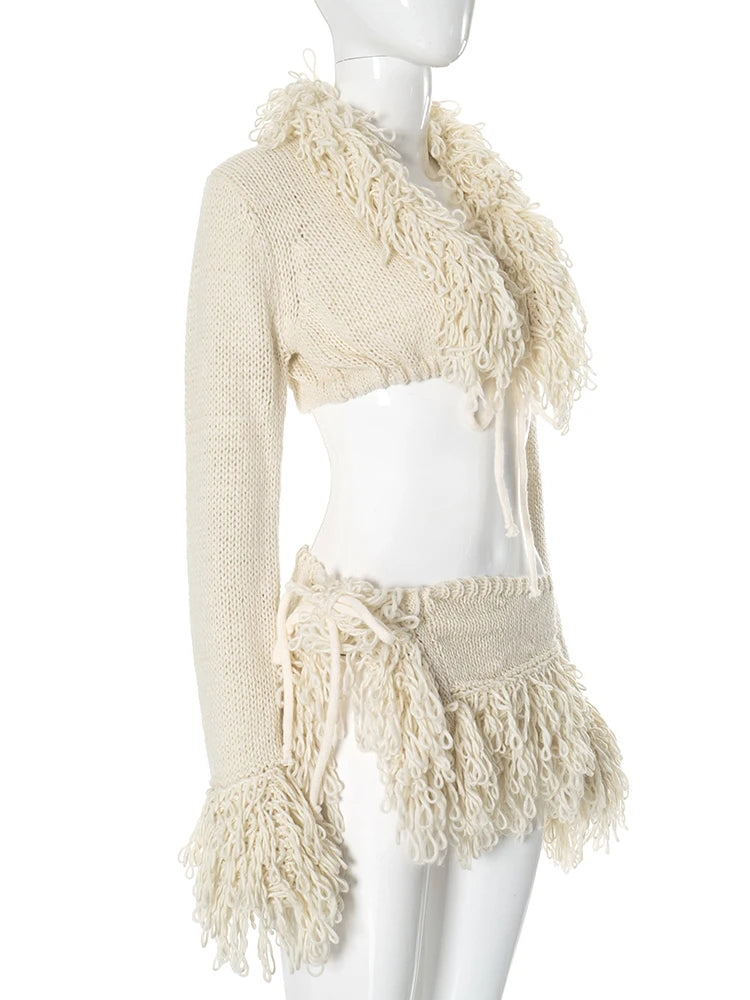 Hnewly Crochet Tassel 2 Piece Set Women  Lace-Up Cardigan Full Sleeve Crop Tops+Irregular Slits Mini Skirt Sexy Hipster Suit
