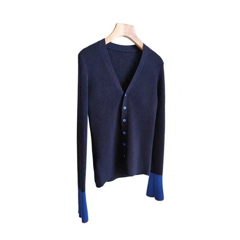Hnewly  Autumn Winter Contrasting Color Knitted Cardigan Sweater Women 2024 New V-neck Flared Sleeve Top Korean Slim Versatile Jacket