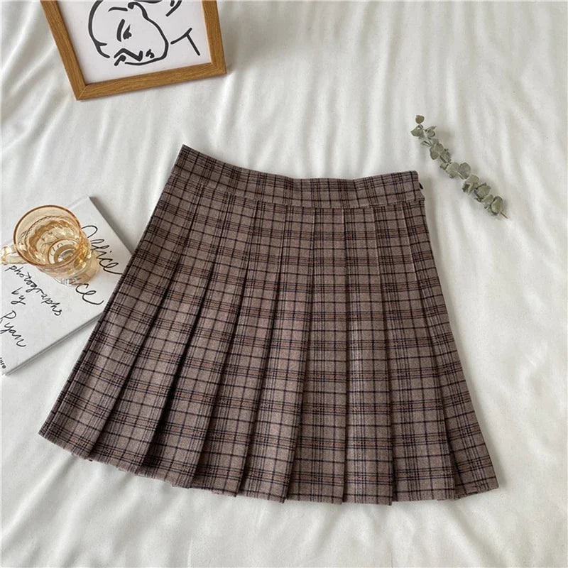 Hnewly Plaid Pleated Skirt Women Japan Jk High Waist Thin A Line Short Skirt Female Sweet Preppy Style Woolen Mini Short Skirt