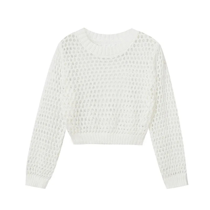 Hnewly Hollow Sun Protection Shirt Women's Summer Loose Pullover O-Neck Puff Long Sleeve Air Conditioning Knitwear Korean Retro Top