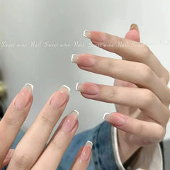 Hnewly 10Pcs Handmade Press on Nails Full Cover Cat Eye Rhinestone Design Nude Color French Ballerina False Nails Manicure Nail Tips
