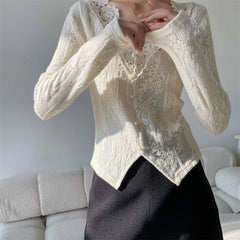 Hnewly  V-neck Lace Base Shirt for Women New Spring Clothes All Match Long-sleeved T-shirts Fashion Tops Outwear Korean Style Tees