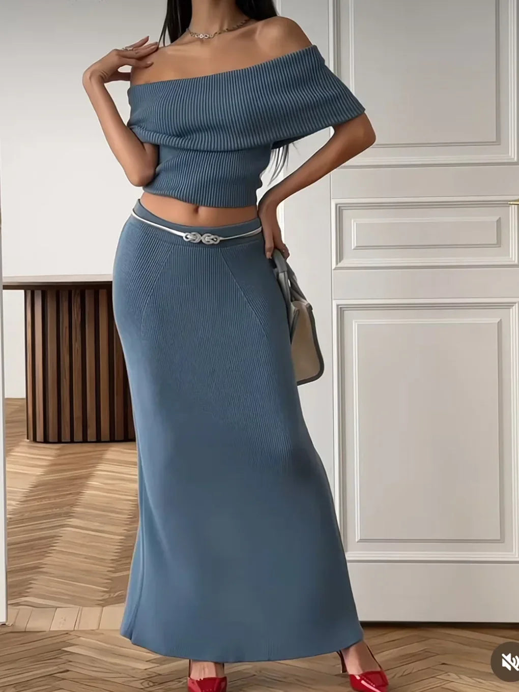 Hnewly Elegant Solid Knitted Elastic Waist Slim Maxi Skirt Suits Women Chic Sleeveless Off Shoulder Shawl Top Set Lady High Street Wear