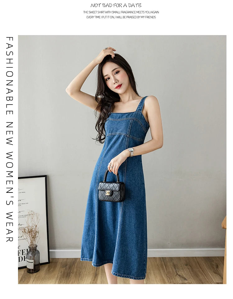 Hnewly  Denim Spaghetti Strap Dress New Summer Women's Retro Strap A-Line Dress Classic Blue Tea-Length Versatile Slim Sun Dresses