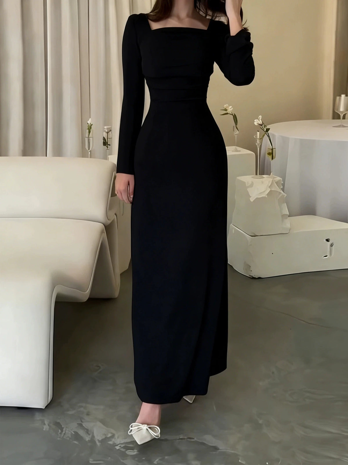 Hnewly  Square collar long sleeved new dress high waist solid color fashionable dress pleated slim fit high waist casual long dress