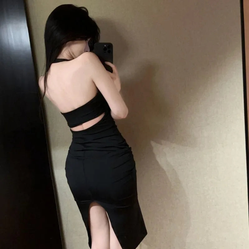 Hnewly  Woman Elegant Dresses Slim Split V Neck Summer Fashion Sexy Backless Halter Solid Party Dress Female Casual Temperament