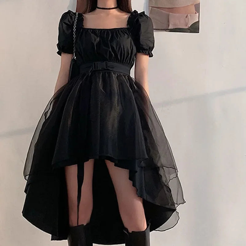 Hnewly  harajuku black tulle puff sleeves dress woman french slim fit square collar asymmetrical dresses female summer party belt dress